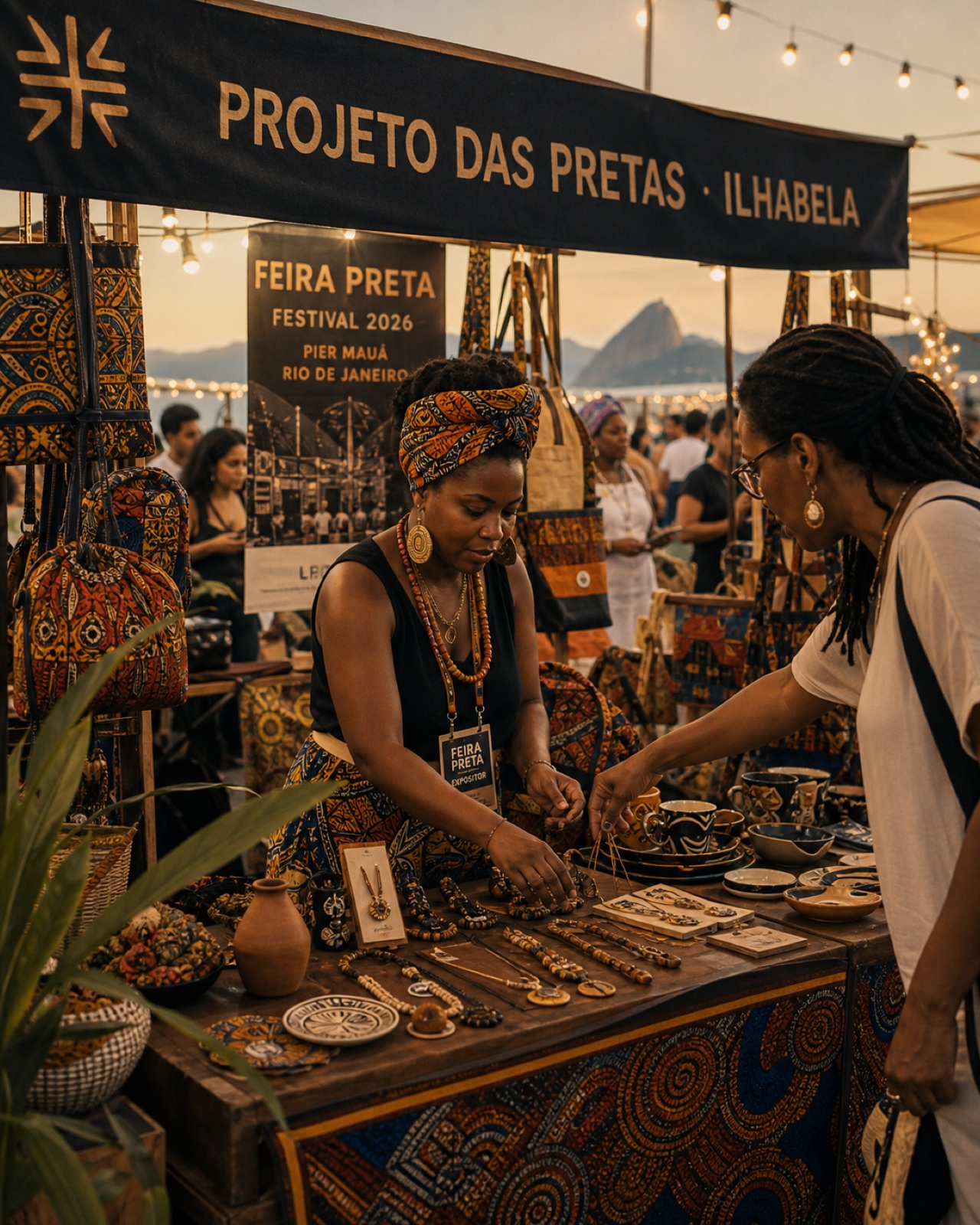 Estande do Projeto das Pretas no Festival Feira Preta 2026 no Pier Mauá, com banner, biojoias, cerâmica e Pão de Açúcar ao fundo