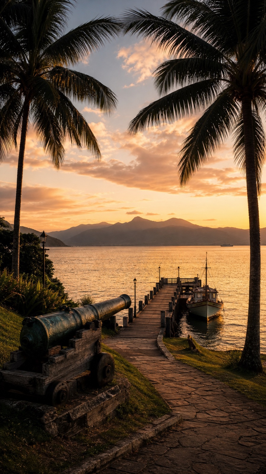Píer de Perequê em Ilhabela ao entardecer, com palmeiras, canhão histórico e barco atracado, montanhas do continente ao fundo