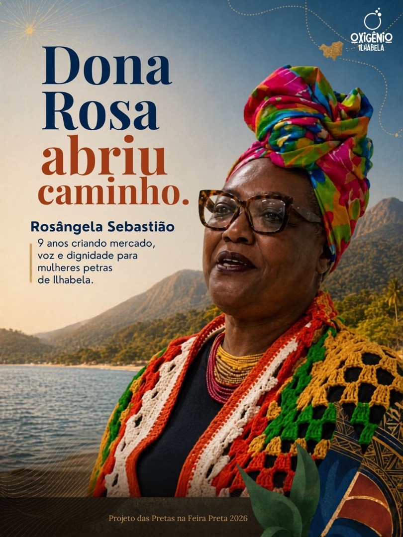 Rosângela Sebastião (Dona Rosa), coordenadora do Projeto das Pretas, retrato com turbante colorido — material oficial Oxigênio Ilhabela