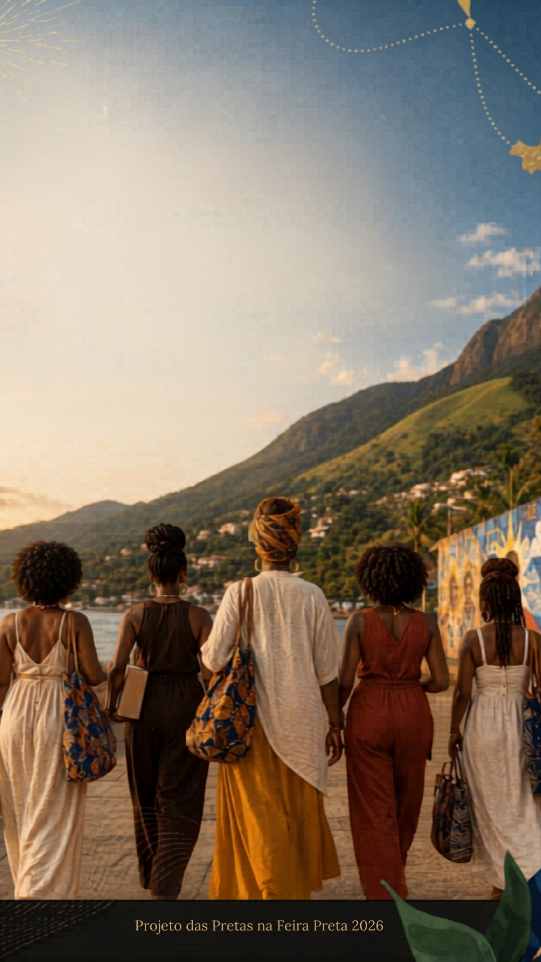 Cinco mulheres negras do Projeto das Pretas em Ilhabela ao entardecer